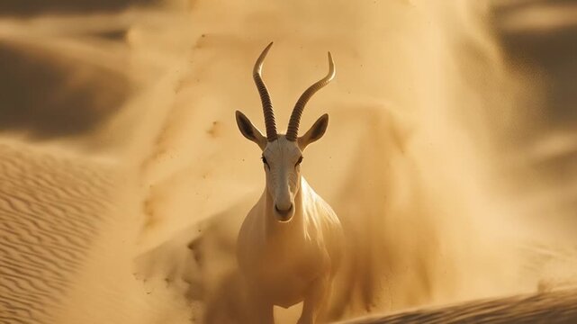 Majestic Arabian Oryx Running Through Desert Sands