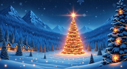 Magical glowing christmas tree in a snowy mountain village at night, illuminated by stars and festive lights