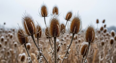 Closeup of dried teasel seed heads covered in frost on a cold winter day
