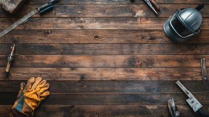 Rustic Workbench with Tools and Safety Gear: A Visual of Craftmanship