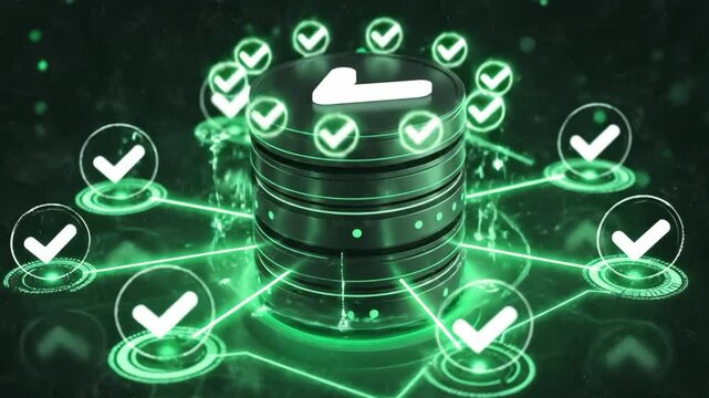 Cybersecurity Fortress: A digital data server, fortified with a network of checks, symbolizing a secure and reliable digital environment.