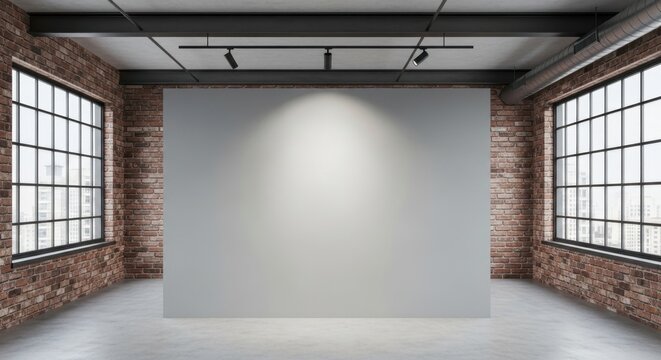 Modern industrial space with brick walls, large windows and blank canvas ideal for exhibition