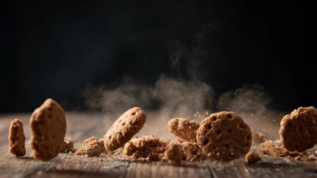 Cookie's Sweet Crumbles: A close-up shot of a perfect moment of freshly baked, textured, cookies disintegrating, their crumbs and dusts dancing delicately in the air.