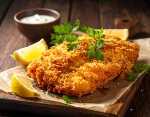 Close-up of golden-brown fried fish on parchment atop a wooden board. Garnished with lemon wedges, parsley and a sauce