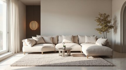 Modern Light-colored Living Room with L-shaped Sofa and Natural Lighting