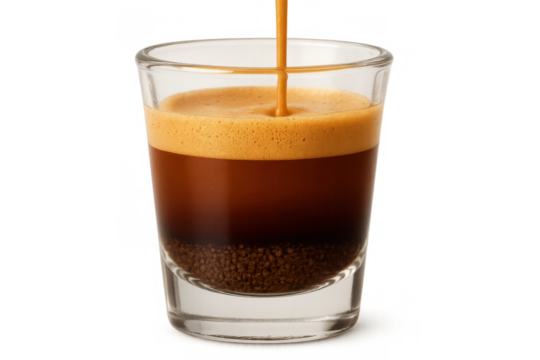 Espresso coffee pouring into a small clear glass, forming a thick layer of golden crema. Strong caffeine beverage