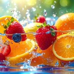 Close-up of mixed fruit submerged in clear water, with droplets splashing. Vibrant oranges, strawberries, and lemons create a refreshing scene