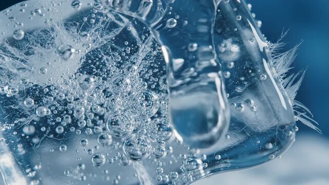 Abstract macro bubbles and water drops in blue tones, reflecting freshness, cleanness and molecular beauty.