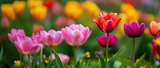 Obraz premium Vibrant tulips bloom in a colorful spring garden setting.