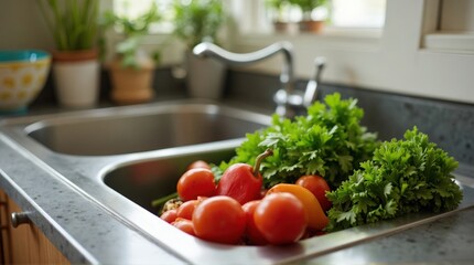 Kitchen Sink with Fresh Tomatoes and Green Herbs in Bright Modern Kitchen
