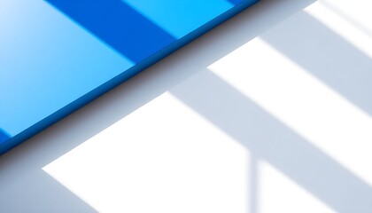 Abstract composition featuring a blue rectangle contrasting with geometric window shadows on a white surface.