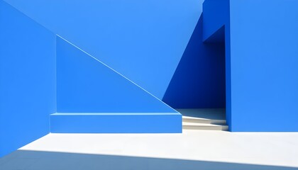 Abstract architectural composition featuring geometric shapes in shades of blue and white, with a staircase leading into a bright space.