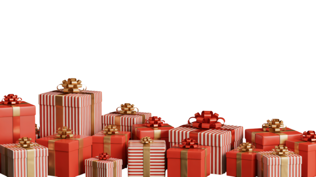 Festive red and gold gift boxes piled high for celebration