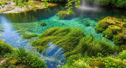 A serene, crystal-clear pond with vibrant green grass and moss, surrounded by lush greenery and a misty, ethereal atmosphere.