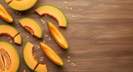 Sliced cantaloupe melon slices on a wooden table.