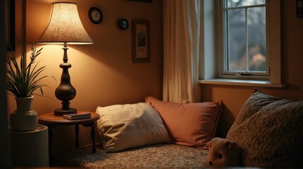 Cozy Bedroom Interior with Warm Lamp Light Soft Cushions and Window View