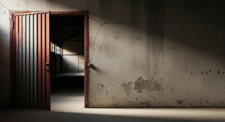 A red door with a metal frame opens into a dimly lit, empty room with a concrete wall and floor.