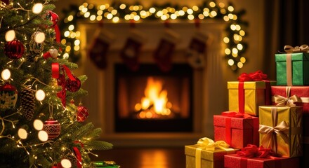 A beautifully decorated Christmas tree with presents in front of a fireplace.