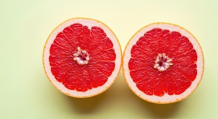 Two halves of a grapefruit on a yellow background.