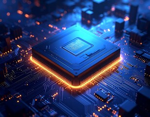 Close-up view of a central processing unit (CPU) illuminated with electric currents on a circuit board. Futuristic and advanced