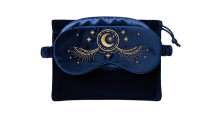 Elegant blue velvet sleep mask with celestial moon and stars embroidery isolated on transparent background, a luxurious accessory for restful sleep