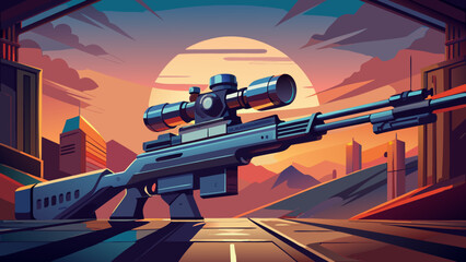 Modern sniper rifle with scope against a vibrant sunset cityscape © P