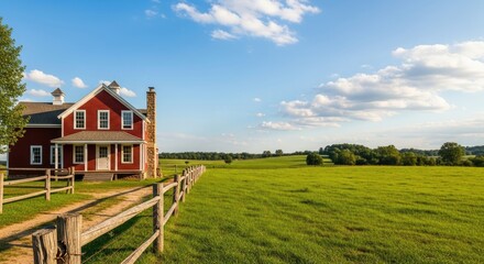 A red barn with a chimney and a green field in the background.
