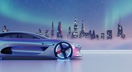 A futuristic, sleek, electric car with a futuristic cityscape in the background.