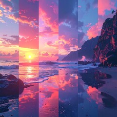 Composite image showing a seascape with vibrant sunset hues reflected on wet sand and rippling water, plus mountains