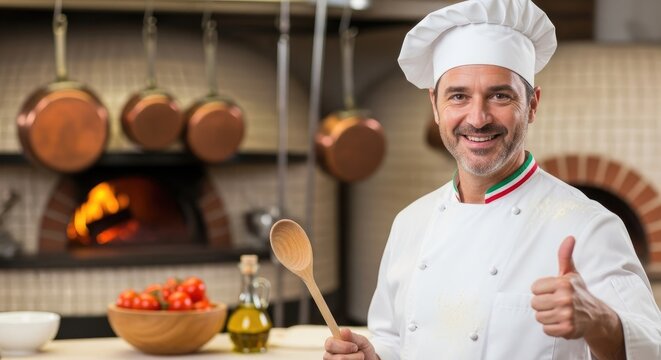 A smiling chef in a white uniform with a red and green striped tie, holding a wooden spoon and giving a thumbs-up in a kitchen
