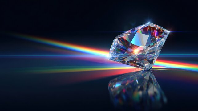 Sparkling diamond with rainbow refraction and reflection against a dark background