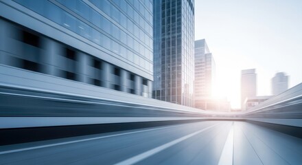 Modern cityscape with glass buildings and a sunlit sky.