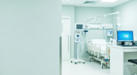 A hospital room with a bed, medical equipment, and a computer monitor.