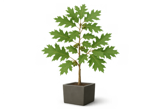 Young oak sapling growing in a plant pot, green leaves with small immature acorns developing, transparent background - Powered by Adobe