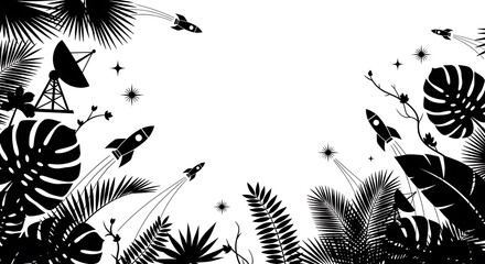 Fototapeta premium Retro Space Exploration with Tropical Plants and Rockets.