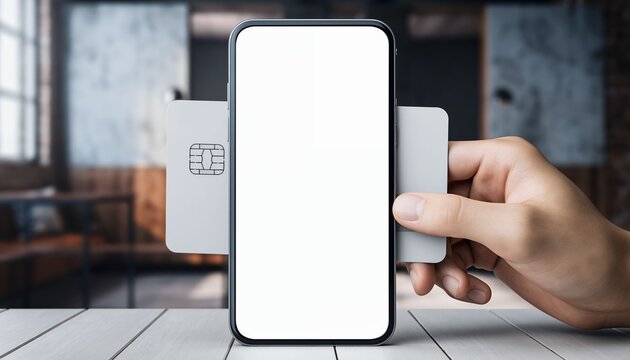 Smartphone with blank screen and credit cards being inserted into the side.