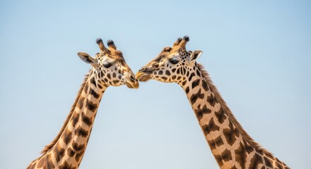 Two giraffes facing each other against a clear blue sky.