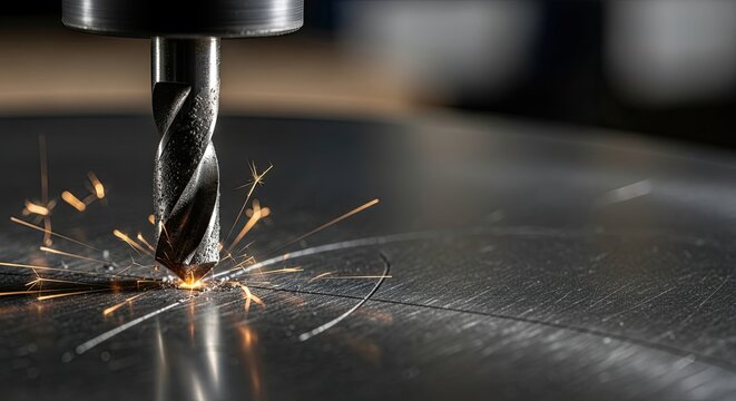 A drill bit cutting into a metal surface with sparks flying.