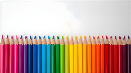 Bright rainbow-colored pencils arranged in perfect alignment on white background, vibrant school art supplies ideal for education, creativity, and design themes
