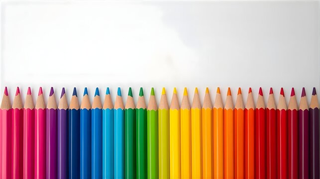 Bright rainbow-colored pencils arranged in perfect alignment on white background, vibrant school art supplies ideal for education, creativity, and design themes