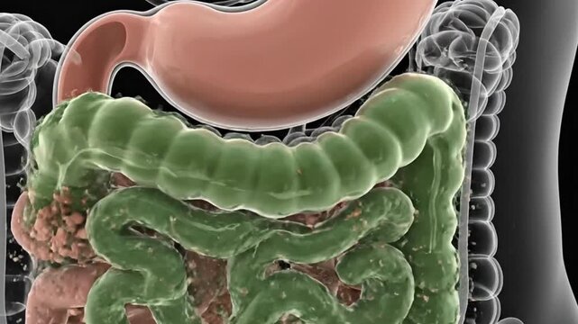 Gastrointestinal Tract Showing Digestion Process in Stomach and Intestines.