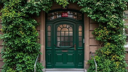 Charming Green Doorway Adorned with Lush Ivy.