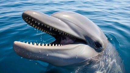 Naklejka premium Close-up of a Dolphins Head with Open Mouth in the Ocean.