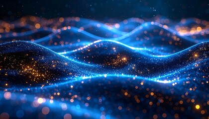 An abstract, glowing, undulating landscape of blue and orange particles, creating a sense of energy and data flow