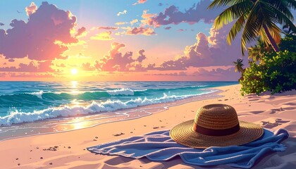 Digital painting of a beach at sunset. A straw hat rests on a towel on the sandy shore, with waves crashing. Palm trees are visible