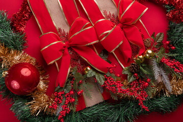 Festive christmas decor on vibrant red background