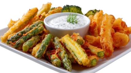 A delightful platter of crispy fried vegetables with dip. or transparent background