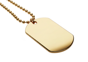 Shiny gold dog tag necklace pendant isolated on transparent background