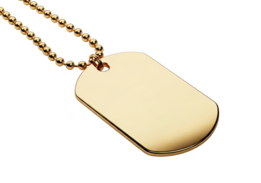 Shiny gold dog tag necklace pendant isolated on transparent background