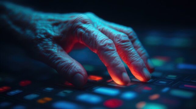 A close-up of an elderly hand interacting with a vibrant, illuminated touchscreen, highlighting the interplay of technology and age.